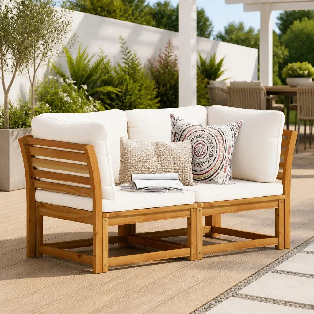 Outdoor Garden Sofa Brown 2-Seater Solid Acacia Wood with Cushions