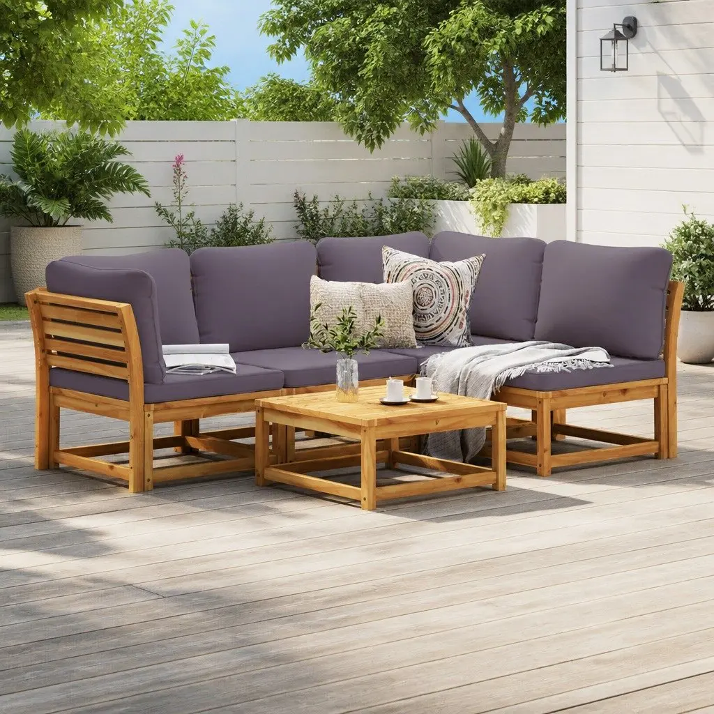 Garden Lounge Set Brown 5 Piece Outdoor Sectional Sofa Solid Acacia Wood with Cushions