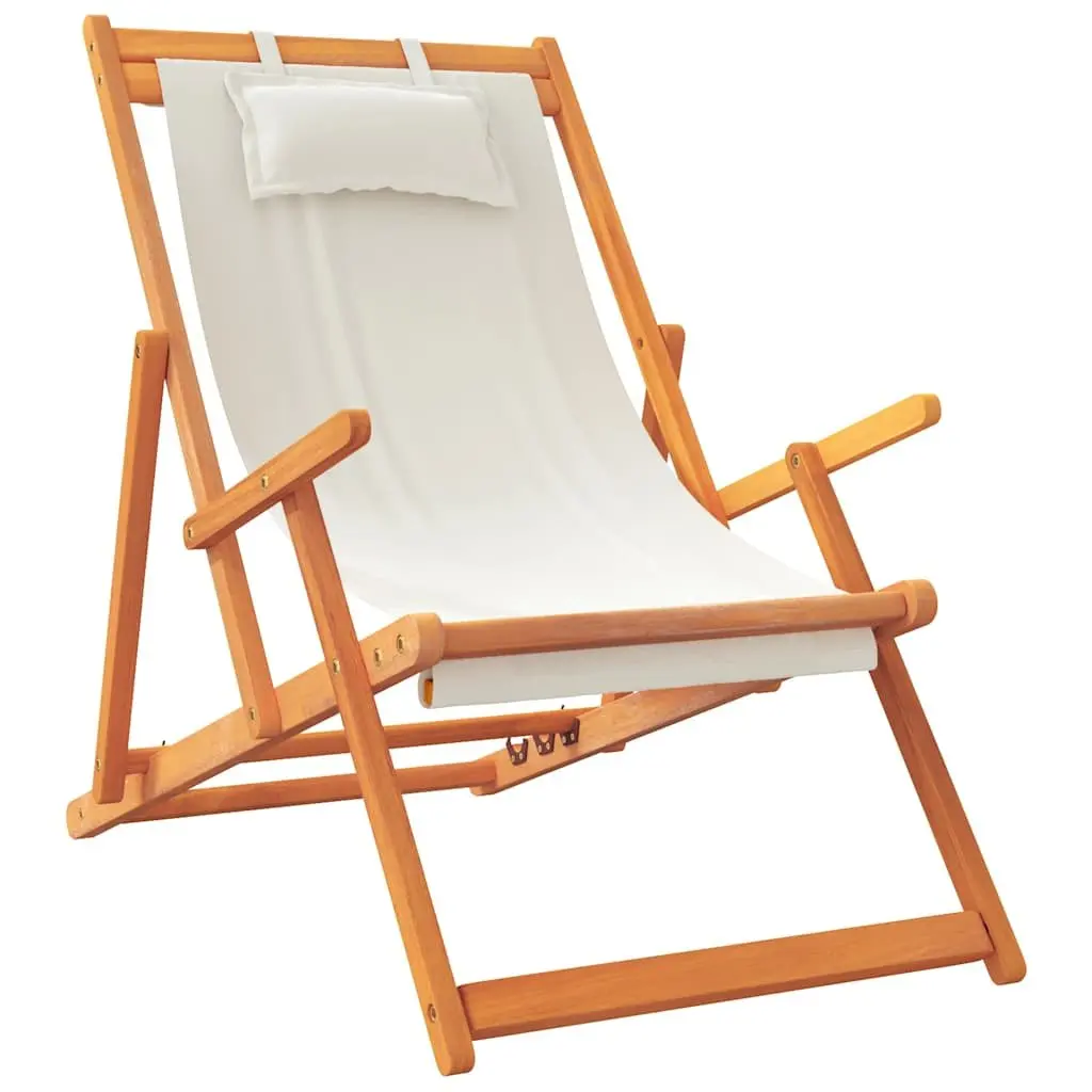 Folding Beach Chairs Cream 2 Piece Outdoor Lounge Reclining Durable Wooden Frame