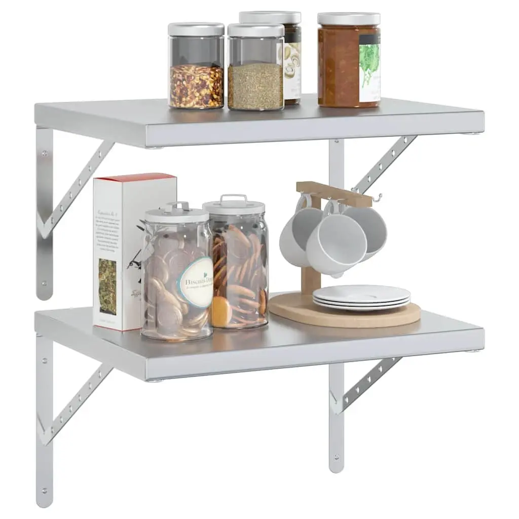 Stainless Steel Floating Wall Shelves Silver 50x40 cm Space-Saving Storage Display 2 Piece Set
