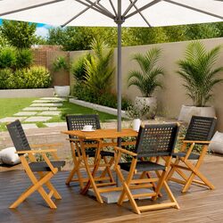 Outdoor Folding Garden Chairs Set of 4 Black Poly Rattan Wood Patio Seating