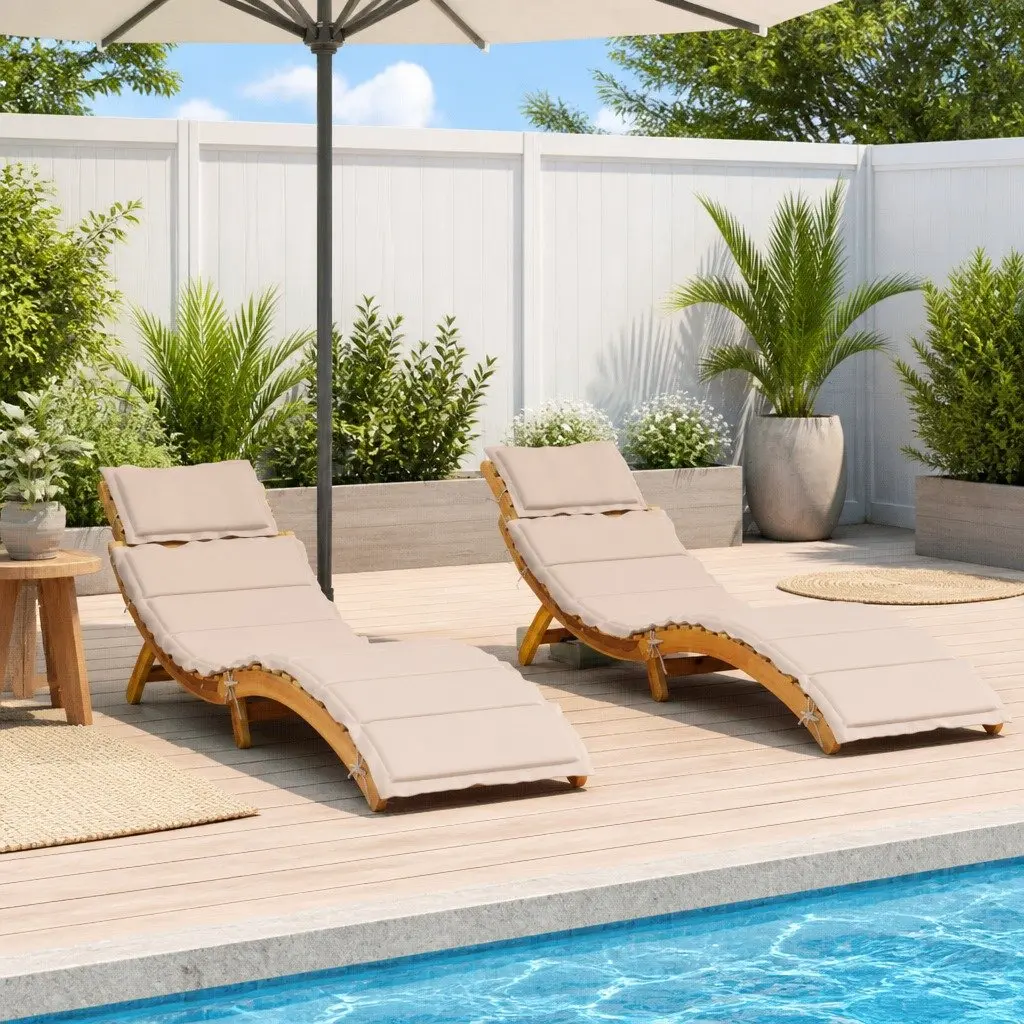 Sun Loungers with Cushions 2 pcs Beige Slatted Design Foldable Outdoor Lounge