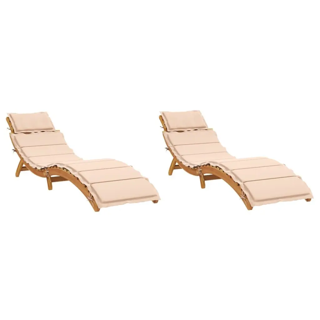 Sun Loungers with Cushions 2 pcs Beige Slatted Design Foldable Outdoor Lounge