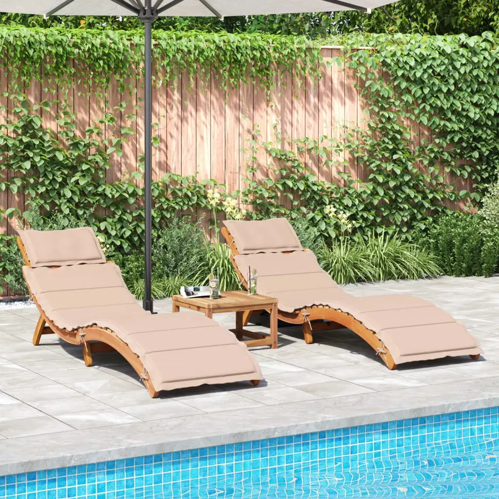 Sun Loungers with Cushions 2 pcs Beige Slatted Design Foldable Outdoor Lounge
