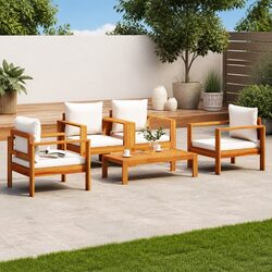 Garden Sofa Set 5 Piece Outdoor Furniture Patio Seating Acacia Wood Cream