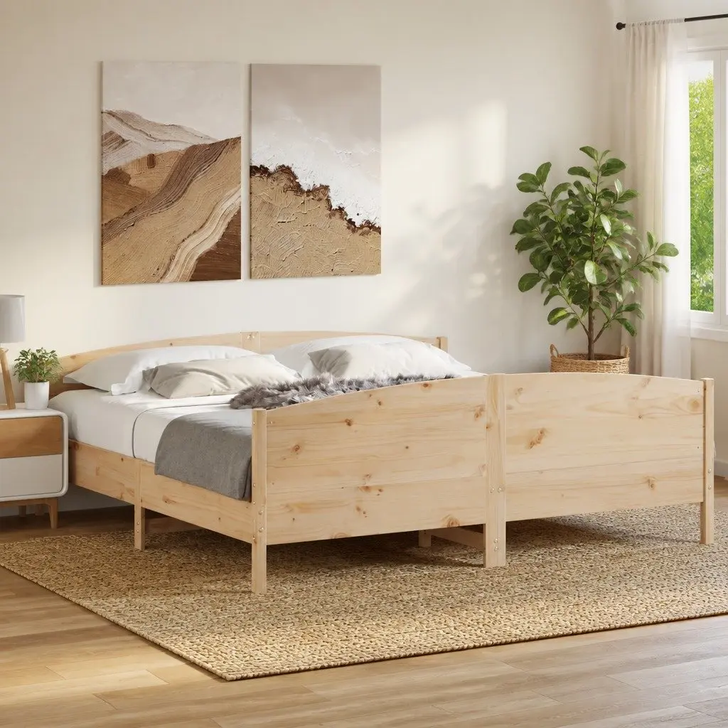 King Bed Frame Brown 183x203cm Solid Pine Wood Slatted Base Headboard Footboard