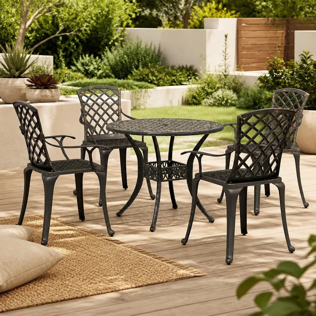 Garden Dining Set Brown 5 Piece Outdoor Patio Furniture Cast Aluminium Table