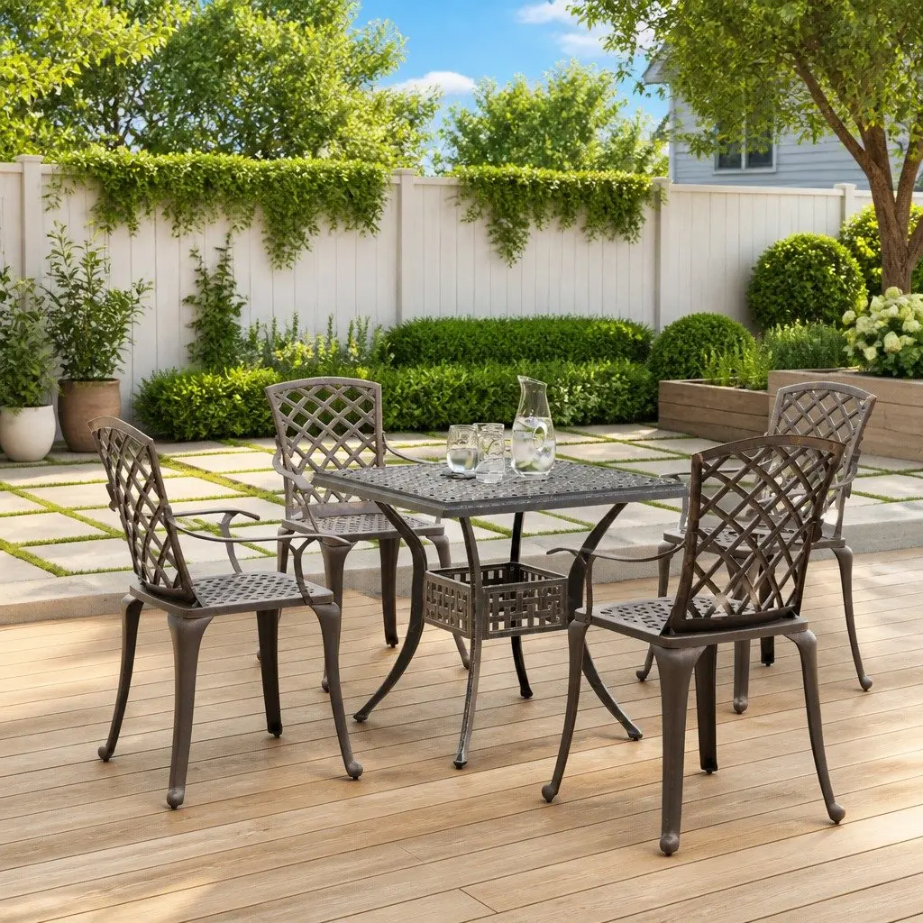 Garden Dining Set Brown 5 Piece Outdoor Patio Furniture Cast Aluminium High Backrest Ergonomic Armrests Umbrella Hole