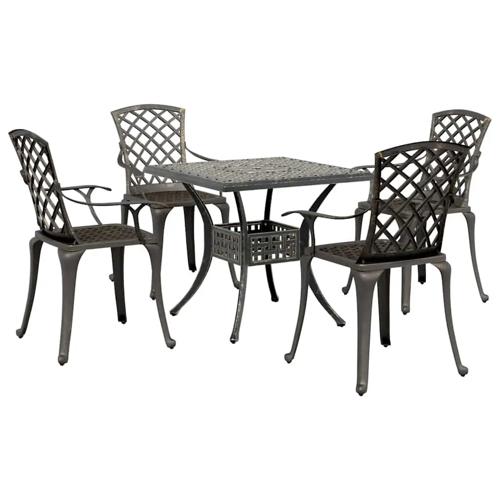 Garden Dining Set Brown 5 Piece Outdoor Patio Furniture Cast Aluminium High Backrest Ergonomic Armrests Umbrella Hole