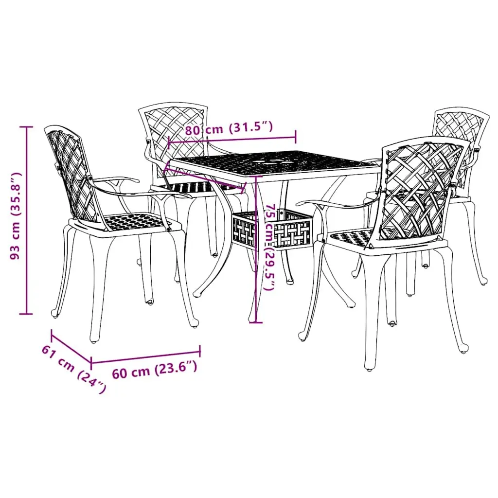 Garden Dining Set Brown 5 Piece Outdoor Patio Furniture Cast Aluminium High Backrest Ergonomic Armrests Umbrella Hole