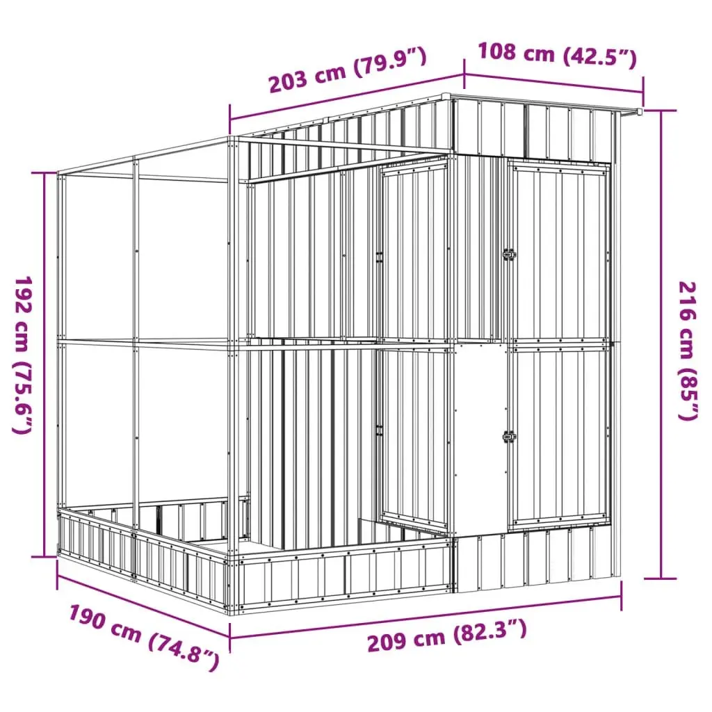 Steel Aviary Silver 209x203x216cm Sturdy Galvanised Frame with Extension for Birds and Small Animals Outdoor Enclosure