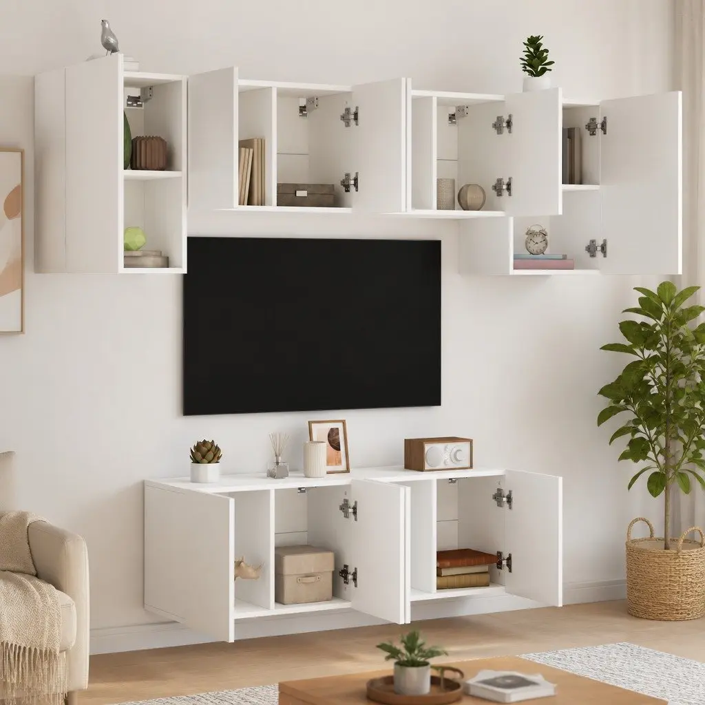 TV Wall Unit White 6 Piece Floating Storage Shelves Engineered Wood