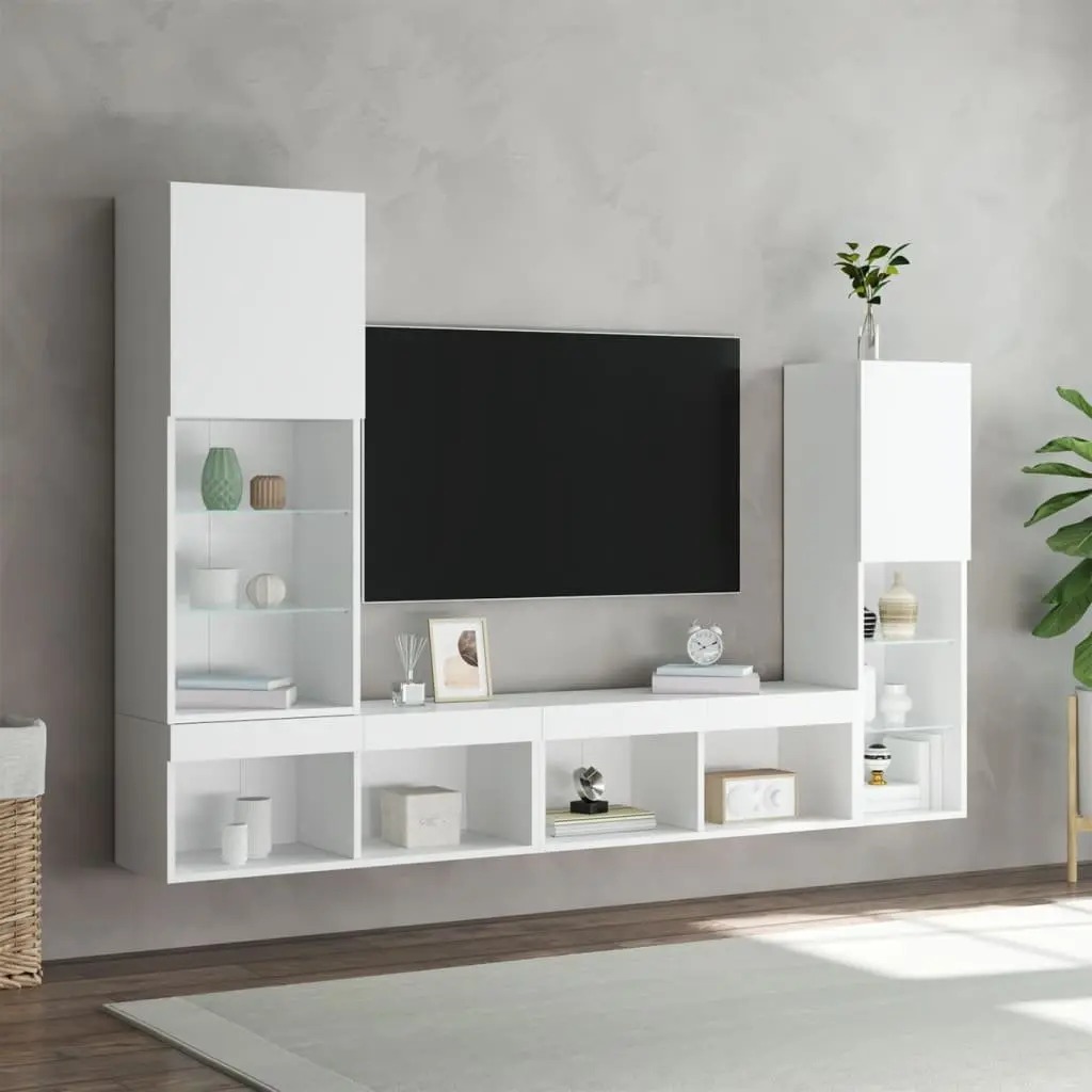 TV Wall Units 4 Piece Floating Wall Mounted Cabinet with RGB LED Lights White