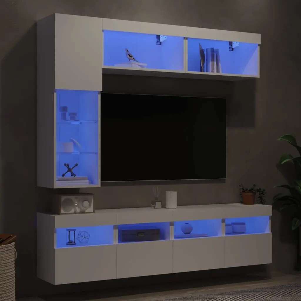 7 Piece White Floating TV Cabinet Set with Storage