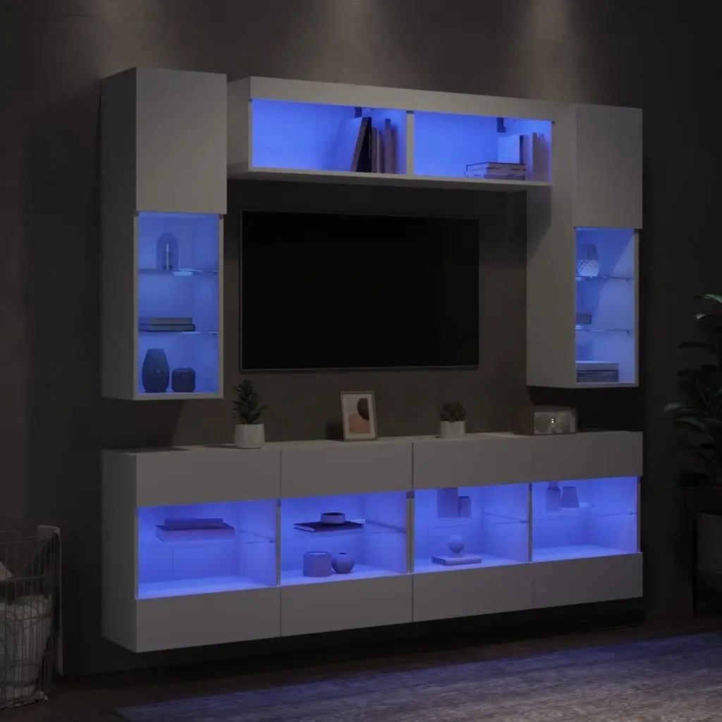 TV Wall Cabinet Set 6 Piece White with RGB LED Lights Storage Shelves