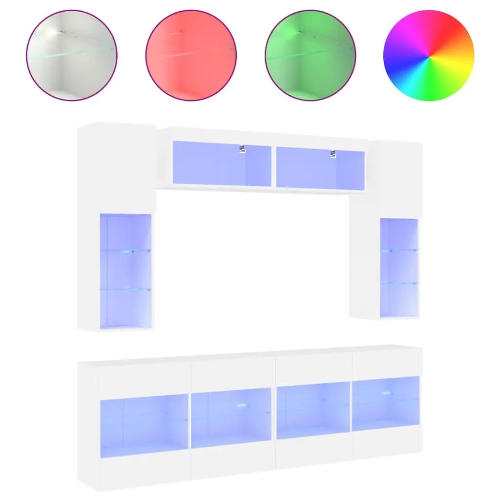 TV Wall Cabinet Set 6 Piece White with RGB LED Lights Storage Shelves
