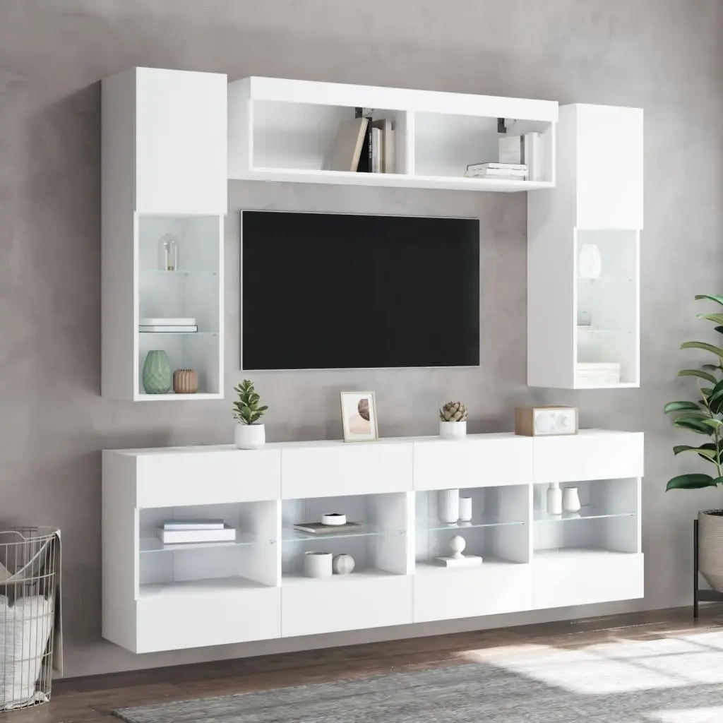 TV Wall Cabinet Set 6 Piece White with RGB LED Lights Storage Shelves
