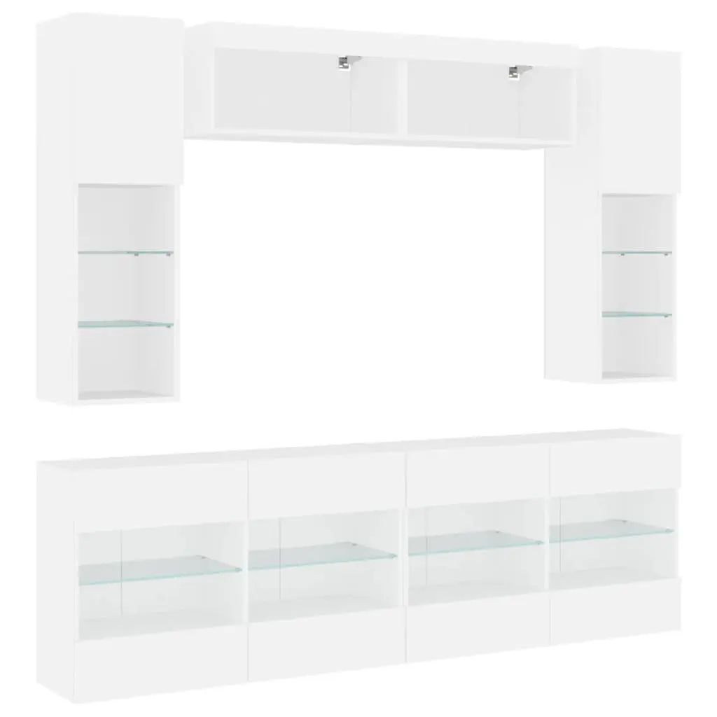 TV Wall Cabinet Set 6 Piece White with RGB LED Lights Storage Shelves