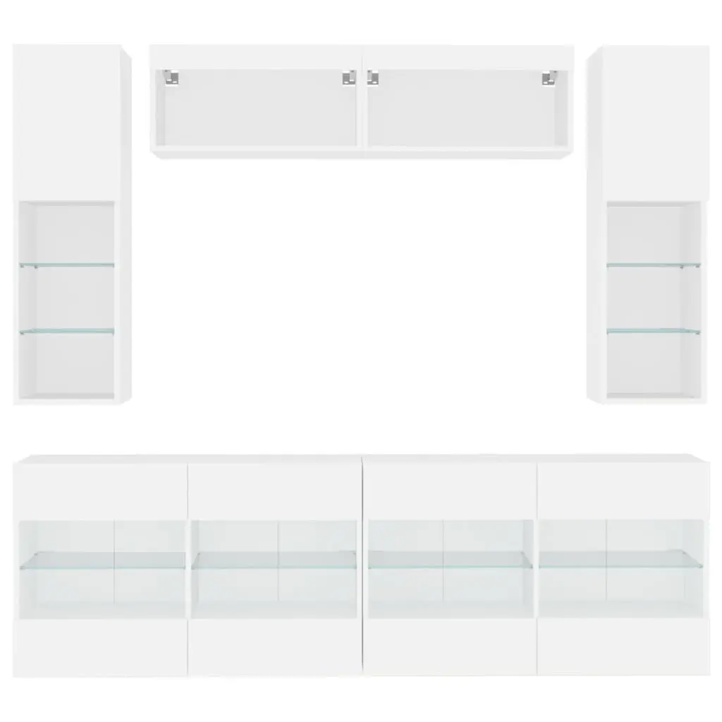 TV Wall Cabinet Set 6 Piece White with RGB LED Lights Storage Shelves