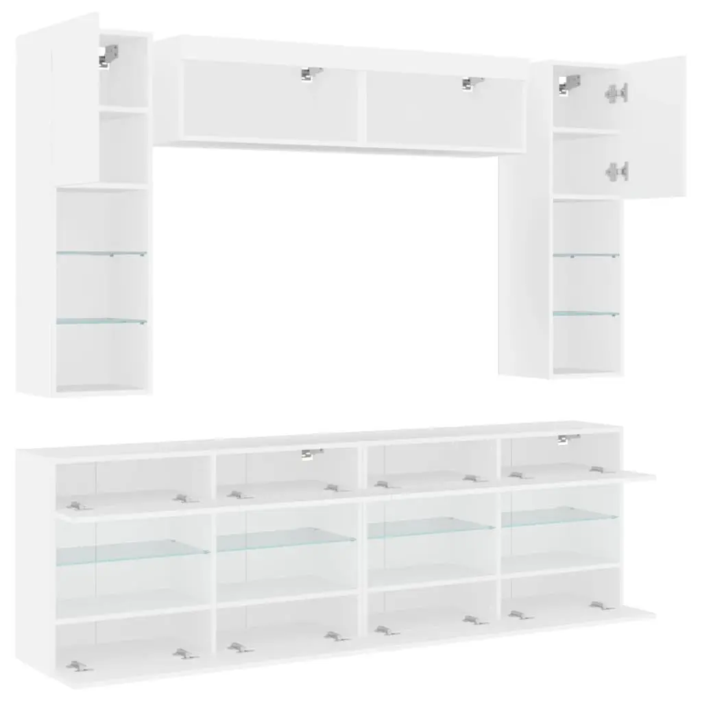 TV Wall Cabinet Set 6 Piece White with RGB LED Lights Storage Shelves