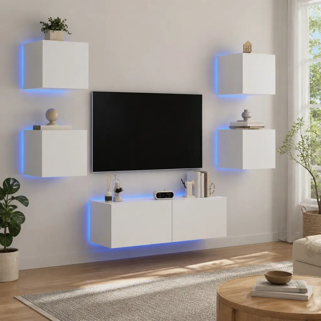 5 Piece TV Wall Cabinets with RGB LED Lights Living Room Storage White