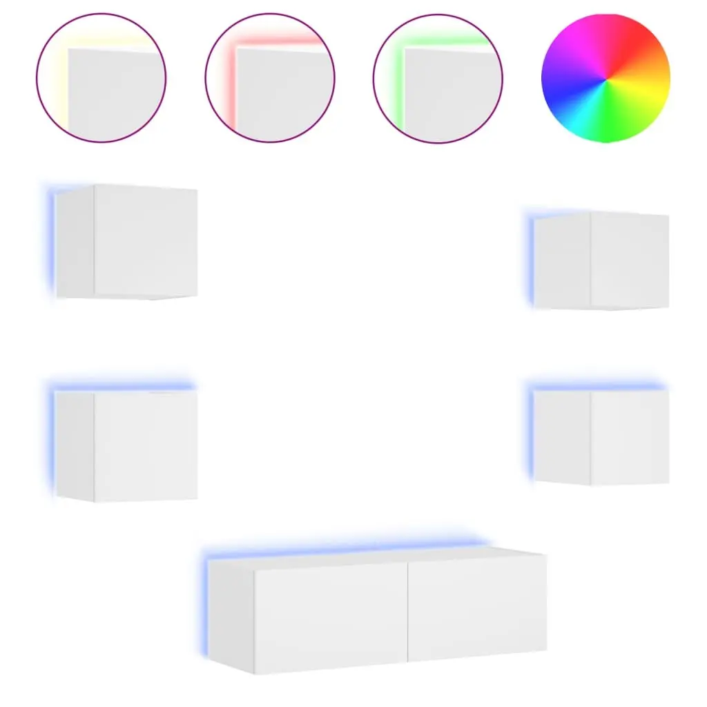 5 Piece TV Wall Cabinets with RGB LED Lights Living Room Storage White