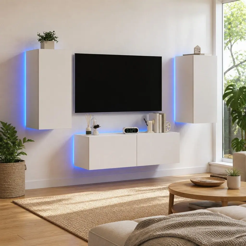 TV Wall Cabinets White 3 Piece Floating Storage Units with RGB LED Lights