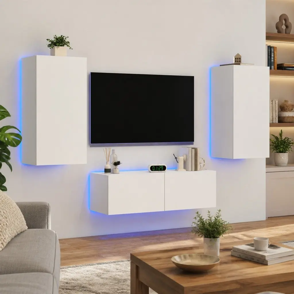 White TV Wall Cabinets with RGB Lighting