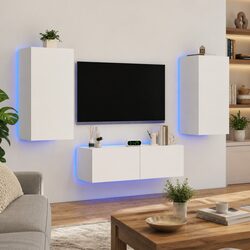 3 Piece White TV Wall Cabinets with RGB LED Lights Floating Storage Units