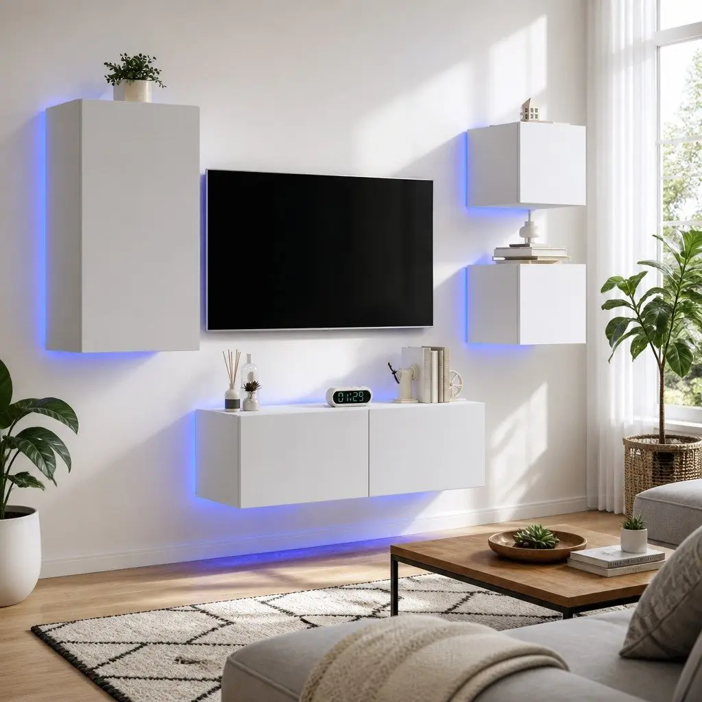 White TV Wall Cabinets with RGB LED Lighting