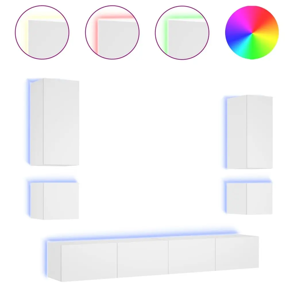 6 Piece Floating Storage Units Modern White TV Cabinets with RGB LED Lighting