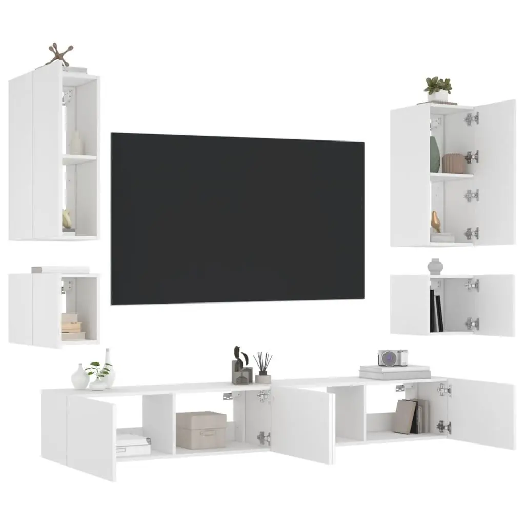 6 Piece Floating Storage Units Modern White TV Cabinets with RGB LED Lighting