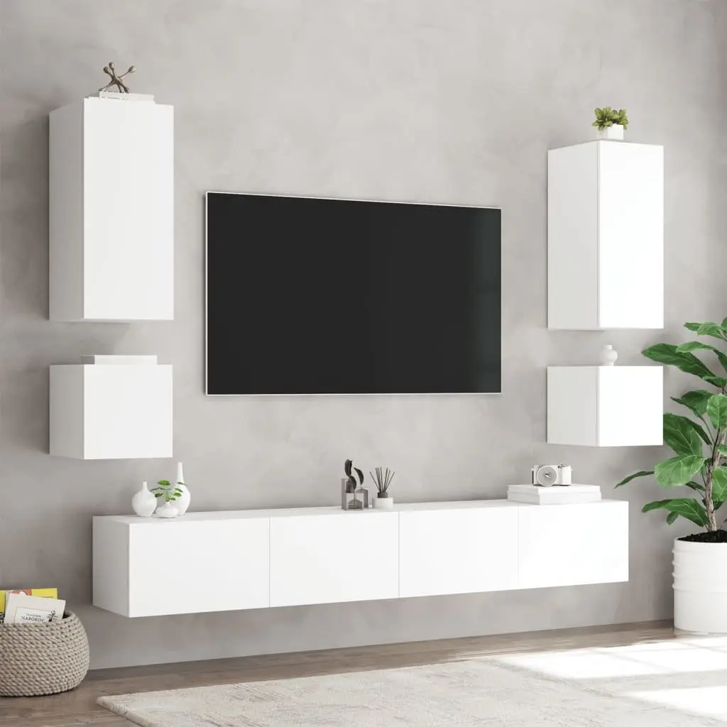 6 Piece Floating Storage Units Modern White TV Cabinets with RGB LED Lighting