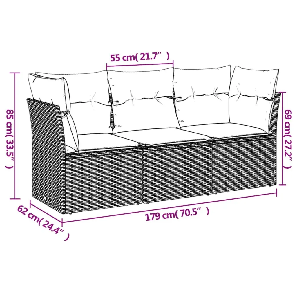 Outdoor Garden Sofa Set Grey 3 Piece Poly Rattan Lounge with Cushions
