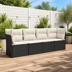 Stylish Garden Sofa Set in Black Poly Rattan, 4 Pieces with Cushions
