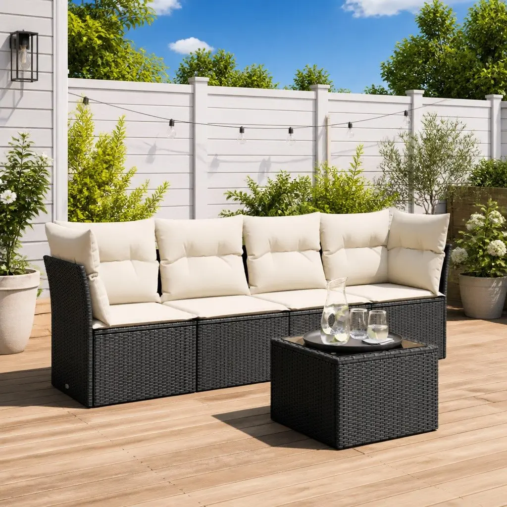 Garden Sofa Set 5 Piece Outdoor Furniture Black Poly Rattan with Cushions Patio
