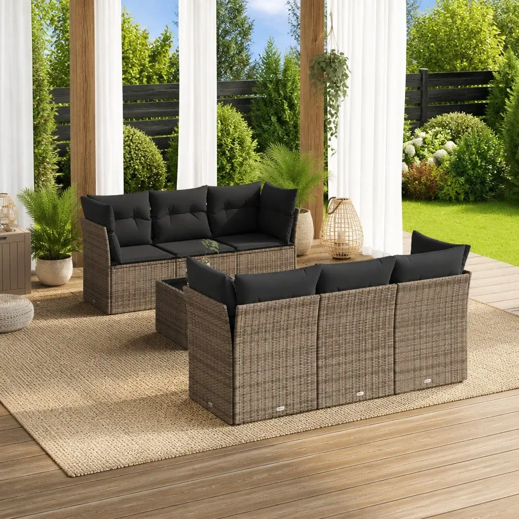 7 Piece Garden Sofa Set Grey Outdoor Furniture Patio Conversation Poly Rattan