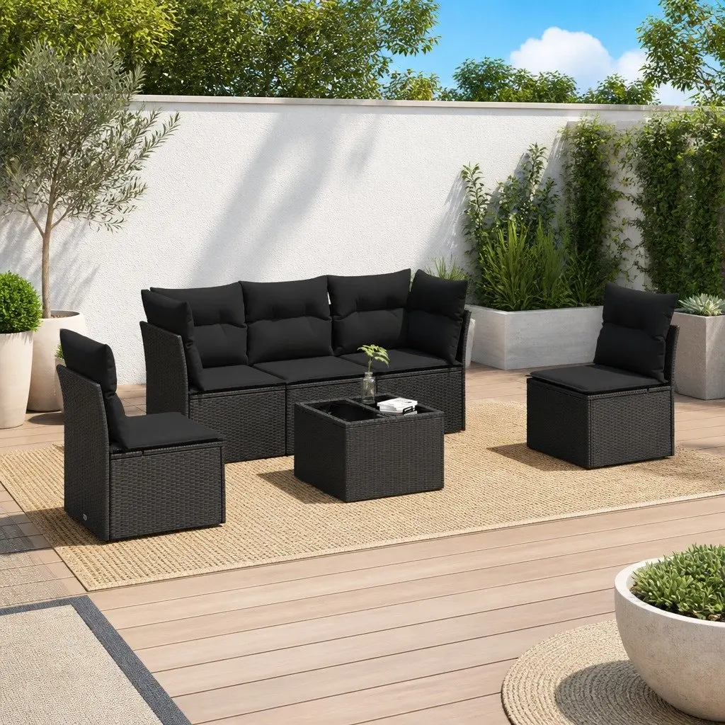 Garden Sofa Set Black 6 Piece Modular Outdoor Furniture with Cushions