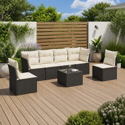 Garden Sofa Set 7 Piece Outdoor Furniture Black Poly Rattan with Cushions Patio