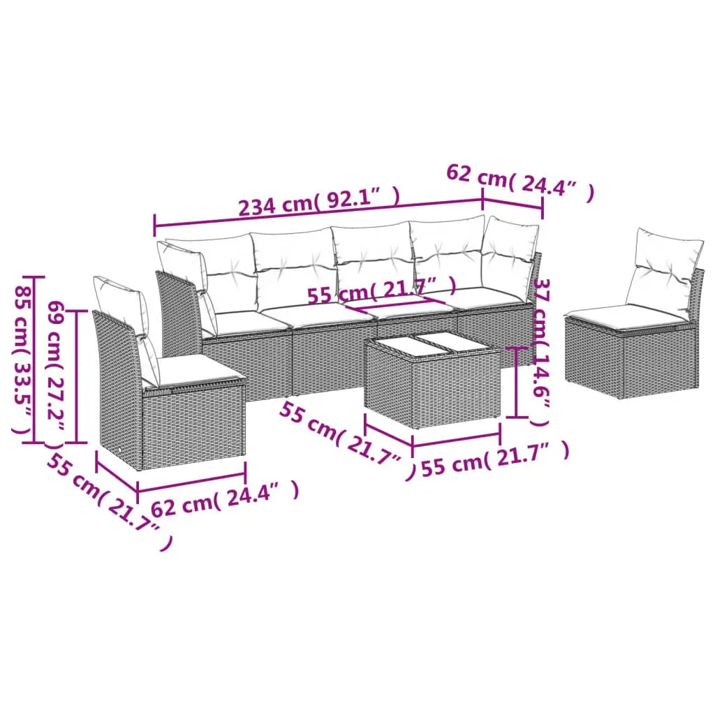 Garden Sofa Set 7 Piece Outdoor Furniture Black Poly Rattan with Cushions Patio