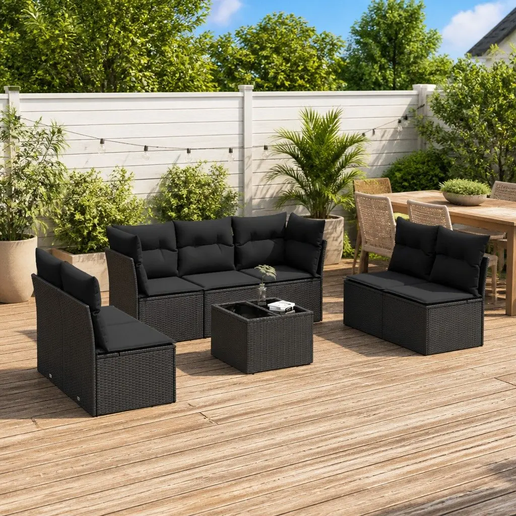 Garden Sofa Set Black 8 Piece Modular Outdoor Furniture with Thick Cushions and Tempered Glass Tabletop