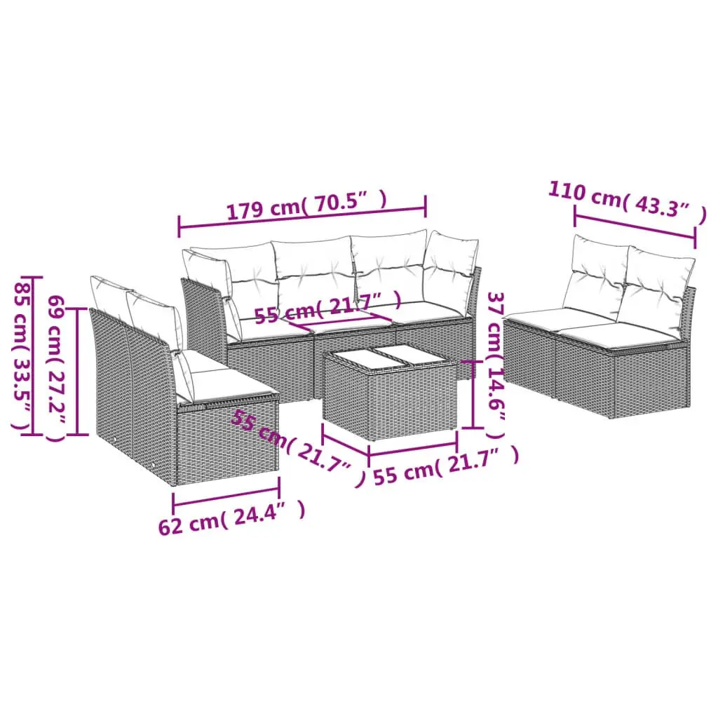 Garden Sofa Set Black 8 Piece Modular Outdoor Furniture with Thick Cushions and Tempered Glass Tabletop