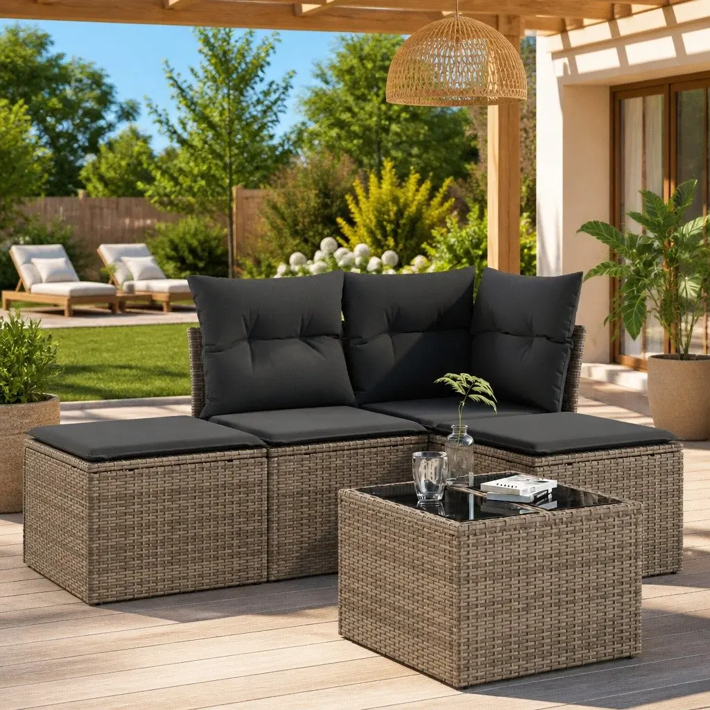 5 Piece Grey Poly Rattan Sofa Set for Outdoors