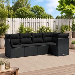 Outdoor Garden Sofa Set 5 Piece Patio Furniture Black Poly Rattan with Cushions