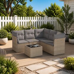 Garden Sofa Set 6 Piece Outdoor Furniture Beige Poly Rattan with Cushions Patio