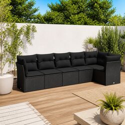 6 Piece Garden Sofa Set with Cushions Black Poly Rattan Outdoor Furniture Patio