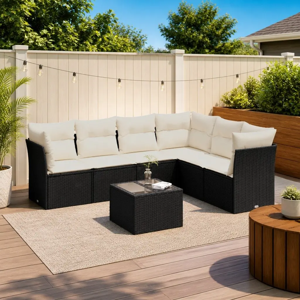7 Piece Outdoor Garden Sofa Set Black Poly Rattan Patio Furniture Cushions