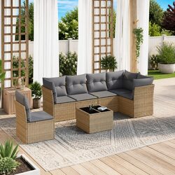 Garden Sofa Set 7 Piece Outdoor Furniture Beige Poly Rattan Patio Seating with