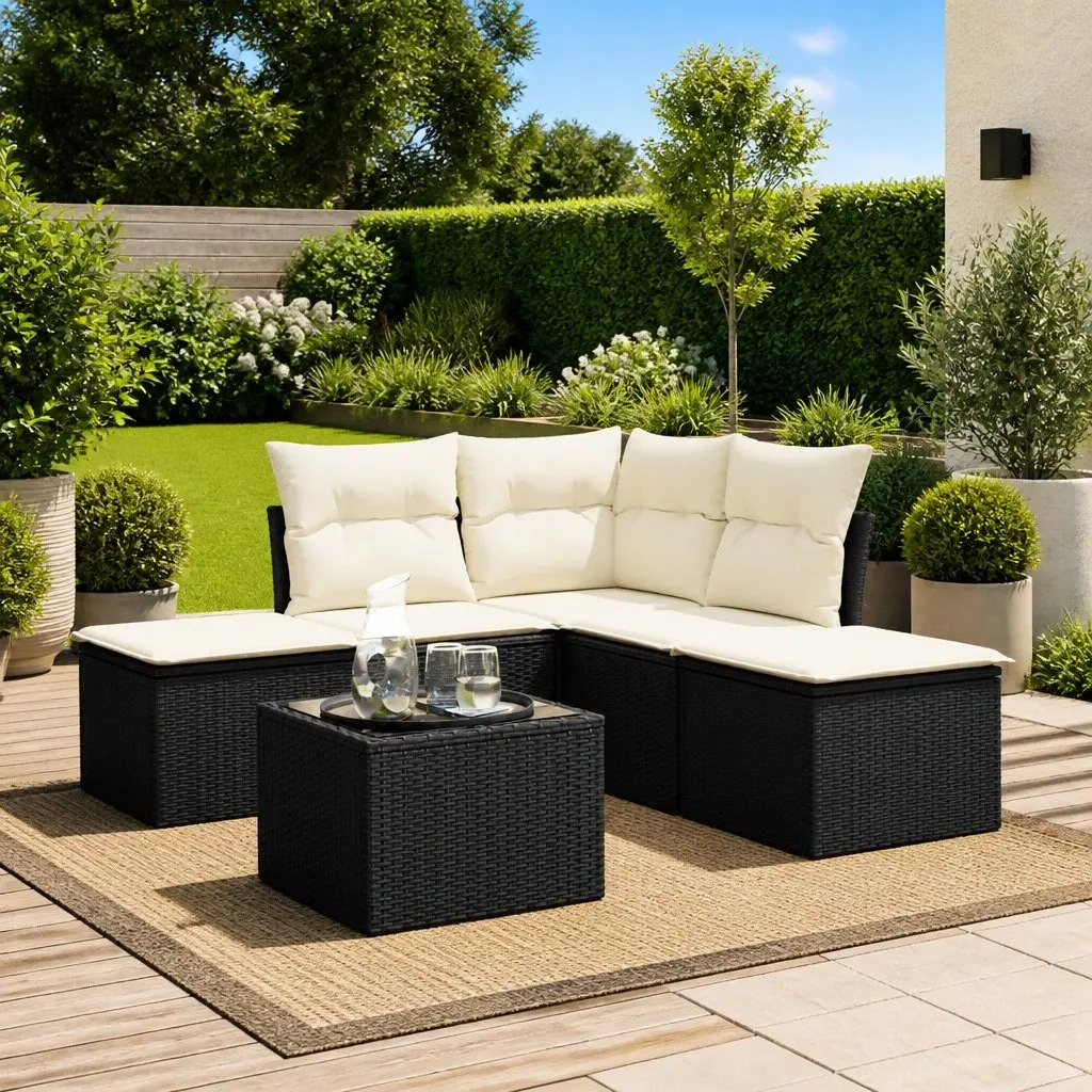 Garden Sofa Set Black 6 Piece Outdoor Furniture Poly Rattan with Cushions