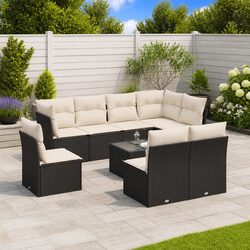 Garden Sofa Set 9 Piece Outdoor Furniture Black Poly Rattan Patio Seating with